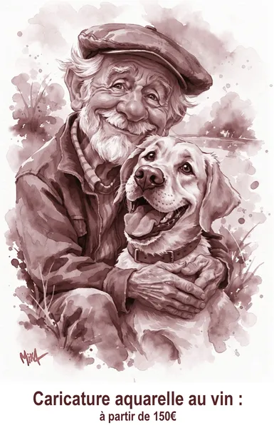 caricature au vin maître et son labrador