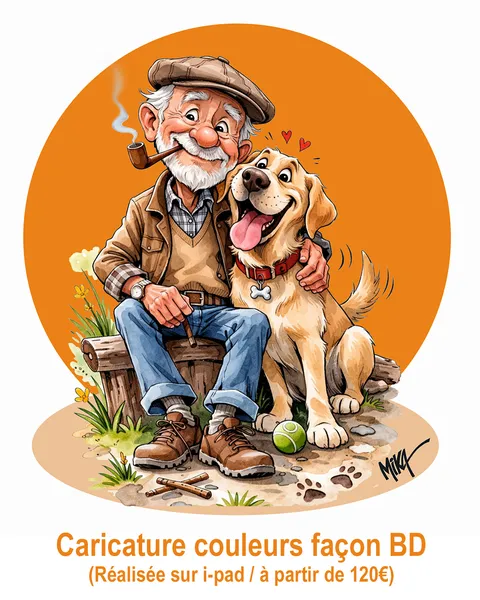 caricature couleurs homme et son chien