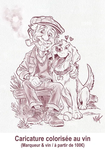 caricature colorisée avec du vin : Jean-Paul et son toutou !